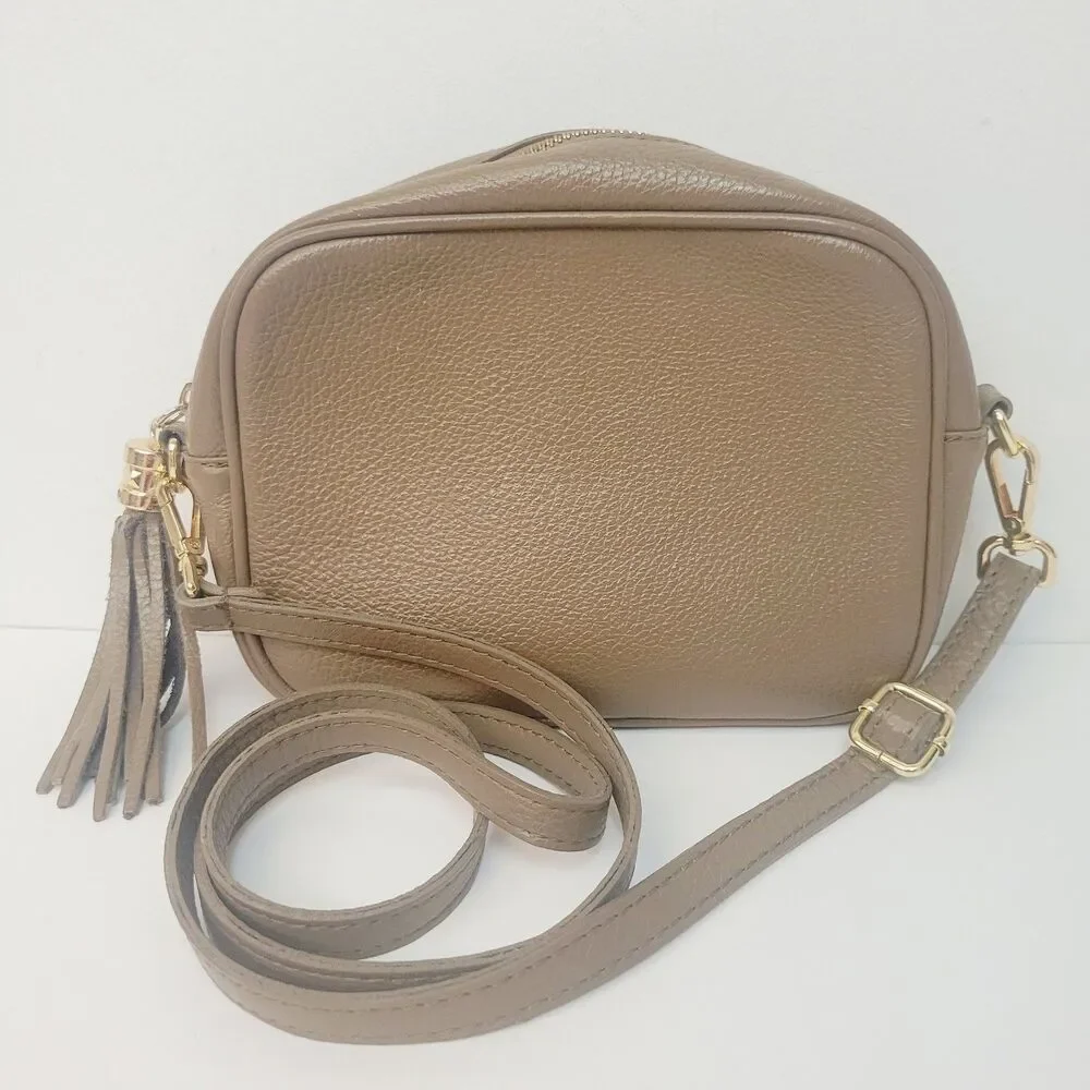 Genuine Leather Made in Italy Taupe Pebbled Crossbody Camera Bag Tassel Gold